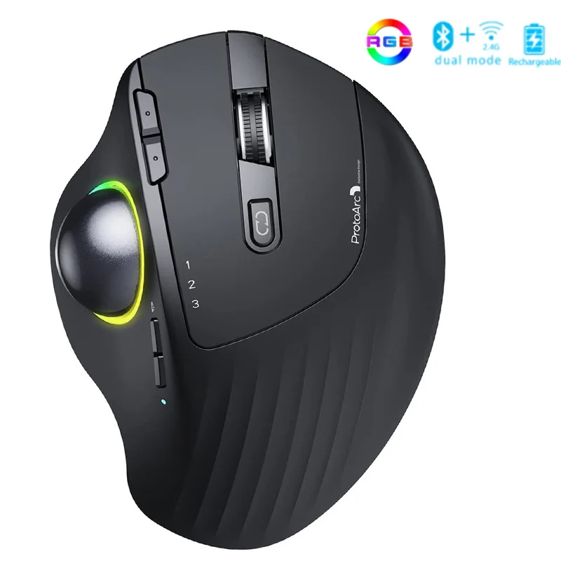 

JOMAA Wireless Bluetooth Trackball Mouse 2.4G RGB Ergonomic Rechargeable Rollerball Mice 3 Device Connection&Thumb Control