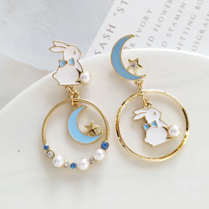 

Flower Kitten Fishbone Crystal Pearl Dangle Earrings For Women New Fashion Moon Stars Rabbit Asymmetrical Earring Party Jewelry