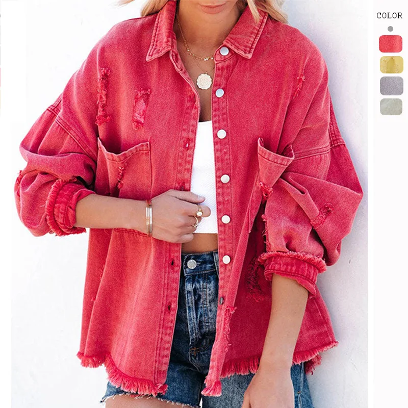 

2022 Autumn/Winter New Denim Jacket Street Fashion Long Sleeve Fur Trim Broken Hole Denim Jacket Female