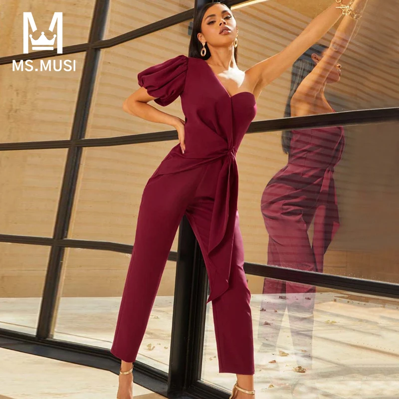 MSMUSI 2022 New Fashion Women Sexy One Shoulder Short Sleeve Draped Fold Party Club Bodycon Satin Ankle Pencil Pants Jumpsuit