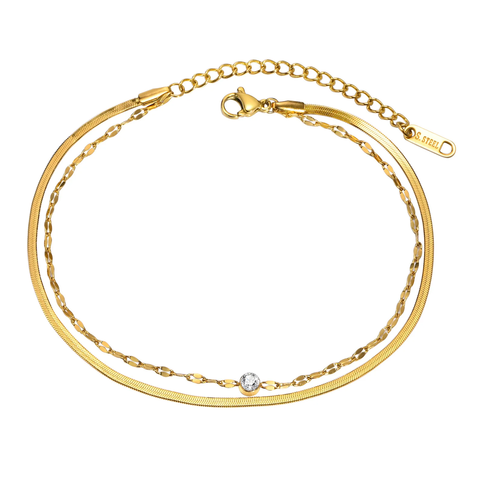 

Thin Double Chain Bracelet,Stacking Herringbone Snake Chain Wristband For Women With Cubic Zirconia, Stainless Steel New Gift