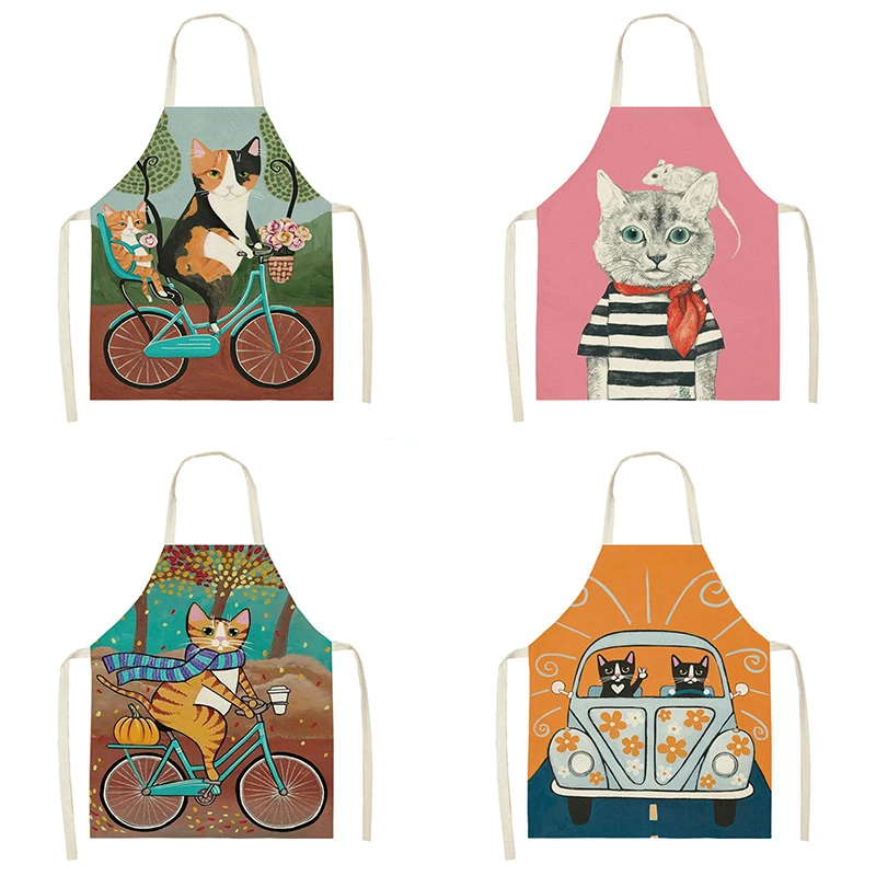 

Cooking Baking apron Anti-oil anti-stain apron Cartoon cat Print Sleeveless animal linen apron Home cleaning accessories