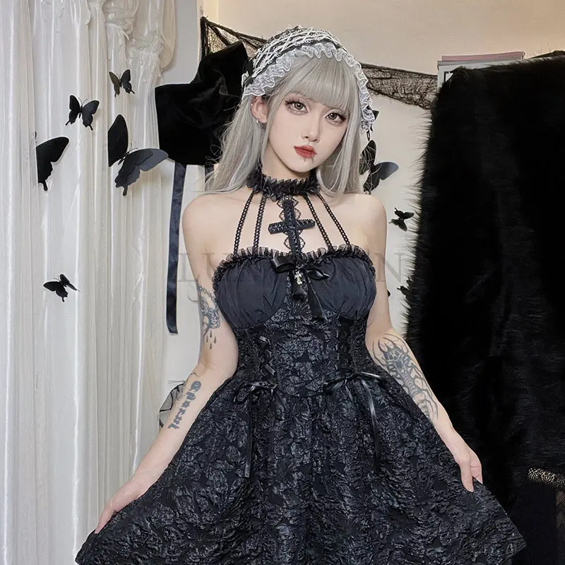 

Dark Goth Mall Gothic Mesh See Through Sexy A-line Dresses Halloween Grunge Jacquard Lace Hem Partywear Lolita Cute Women Dress