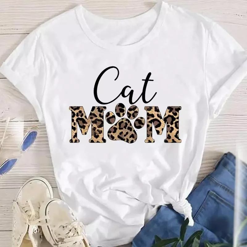 

2022NEW Cartoon Leopard Cat Letter 90s Cute Tees Women Short Sleeve Lady Female Graphic Tops Clothes Print Tshirt T-Shirt