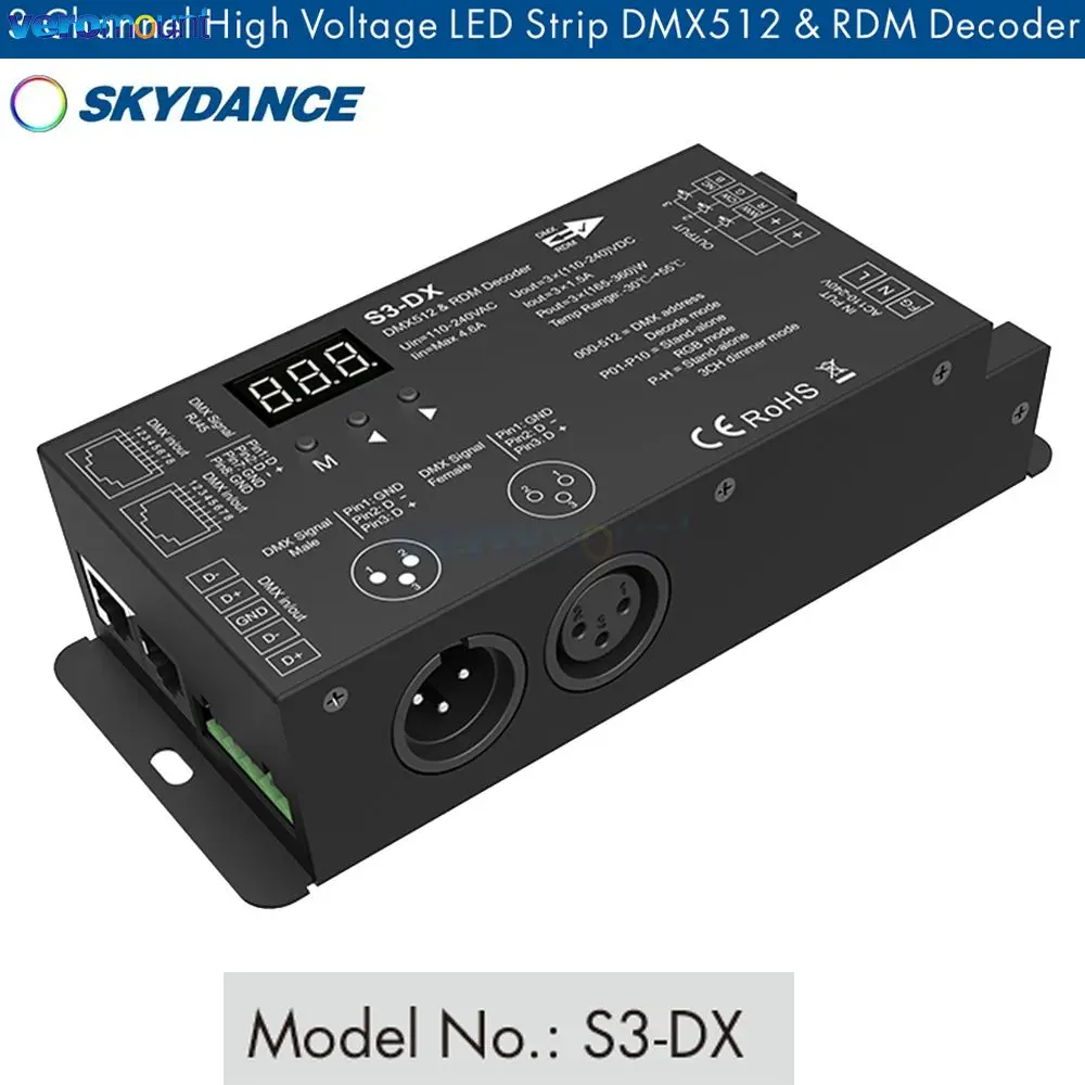 Фото Skydance S3-DX 3CH*1.5A S4-DX 4CH*2A Высоковольтный 110 В 220 В переменного тока Светодиодная лента DMX-декодер с RF 3-канальным контроллером RDM XLR3 и RJ45 №2