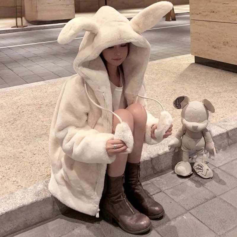 Women's Zipper Oversized Soft Harajuku Kawaii Hooded Rabbit Ears Plush Faux Cashmere Coat Plus Velvet Padded 2023 Winter Jacket