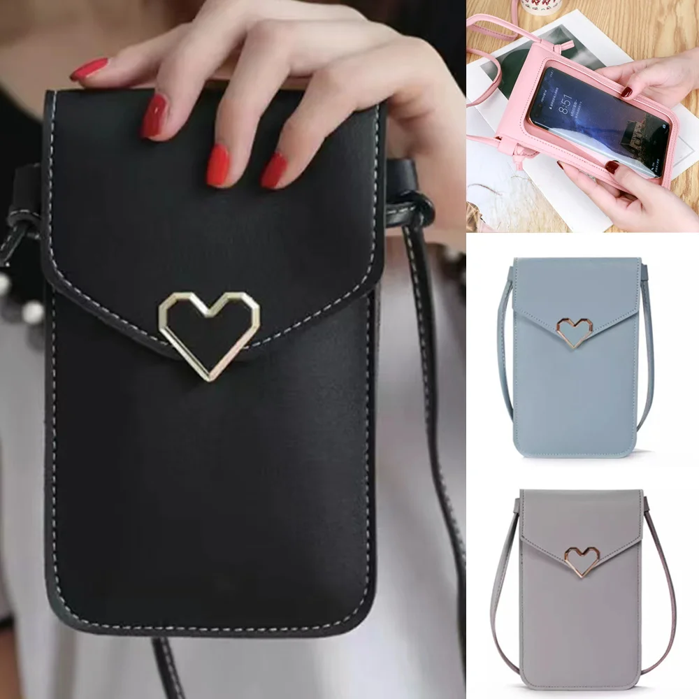 

Women Bags Screen Touch Universal Mobile Phone Organizer Shoulder Crossbody Bag Leather Fashion Heart Shape Handbags Satchels
