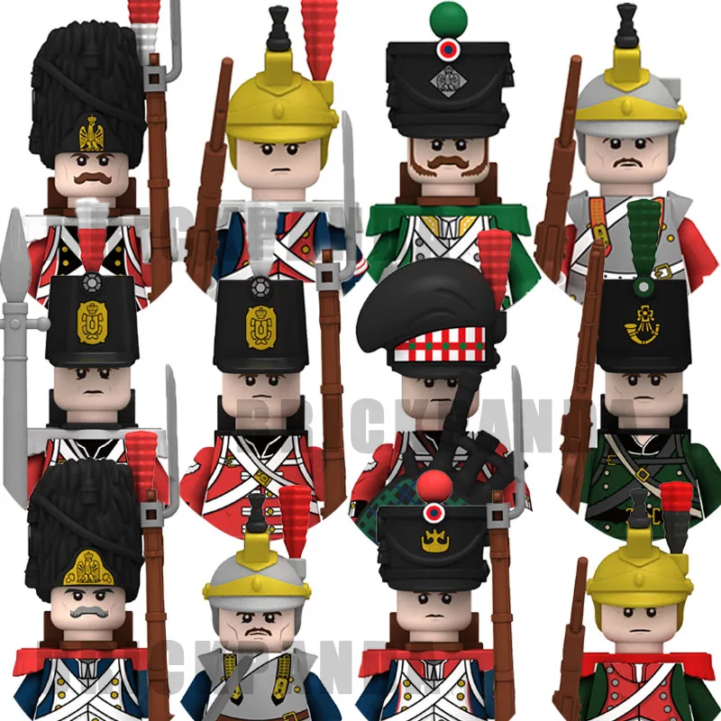 

Napoleonic War French Dragoon Figures Medieval Knights British Soldiers Pirates Army Fusilier Building Blocks Weapons Brick Toys