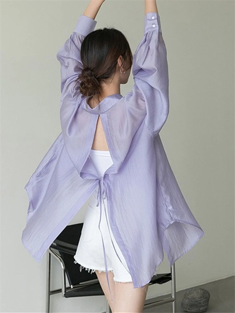 

Женские летние топы нового дизайна, повседневные тонкие рубашки Lyocell, солнцезащитные Топы с длинным рукавом и разрезом сзади, женская блузка оверсайз