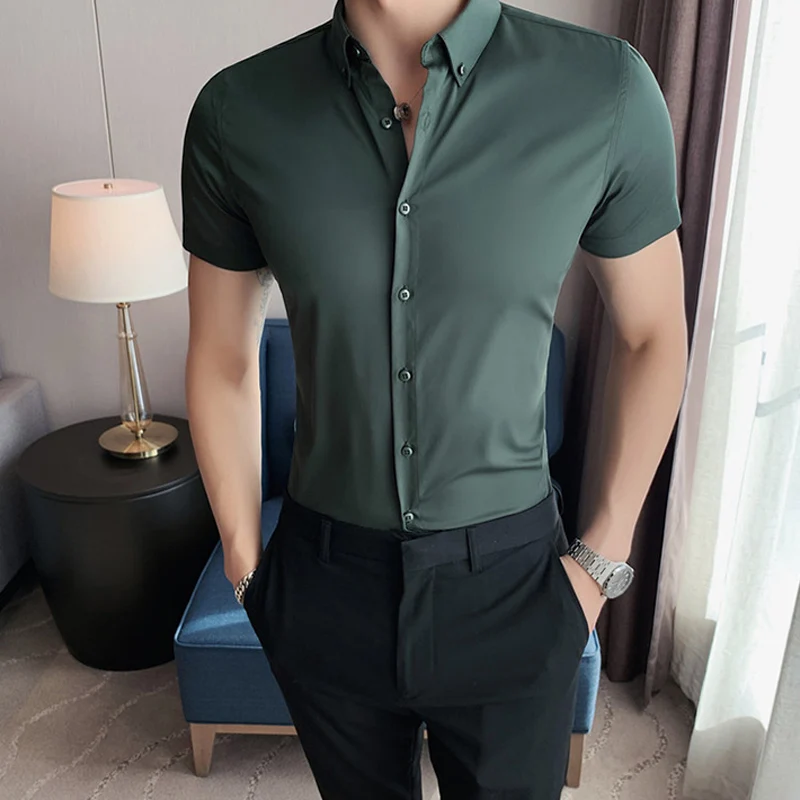 

Korea Styles Summer Fashion New Mens Shirt Short Sleeve Slim Fit Green White Daily Casual Button Social Shirts Small Asian Size