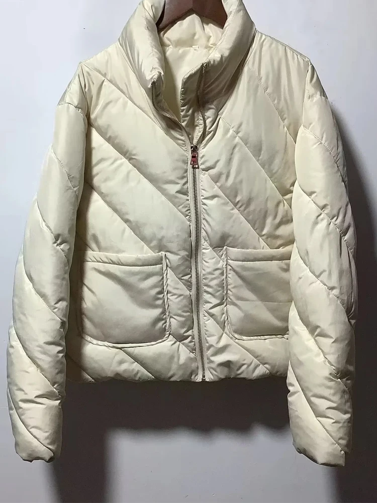 PAILETE Women 2022 fashion front patch pockets puffer jacket coat vintage high neck long sleeve female outerwear chic tops