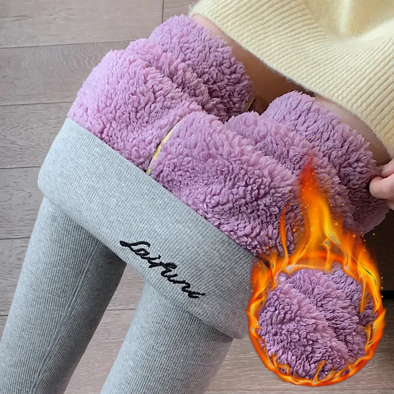 

Winter Thicken Lambwool Leggings Women Casual Slim Warm Plus Velvet Skinny Pencil Pants High Waist Ankle-Length Stretch Trousers
