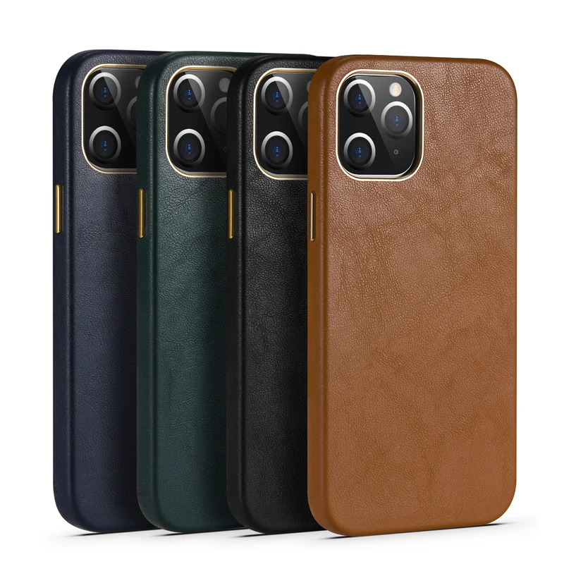 

For iPhone 12 Pro Max Luxury Genuine Leather Case Protection Cover For iPhone 12 Pro Metal Button Shockproof Case