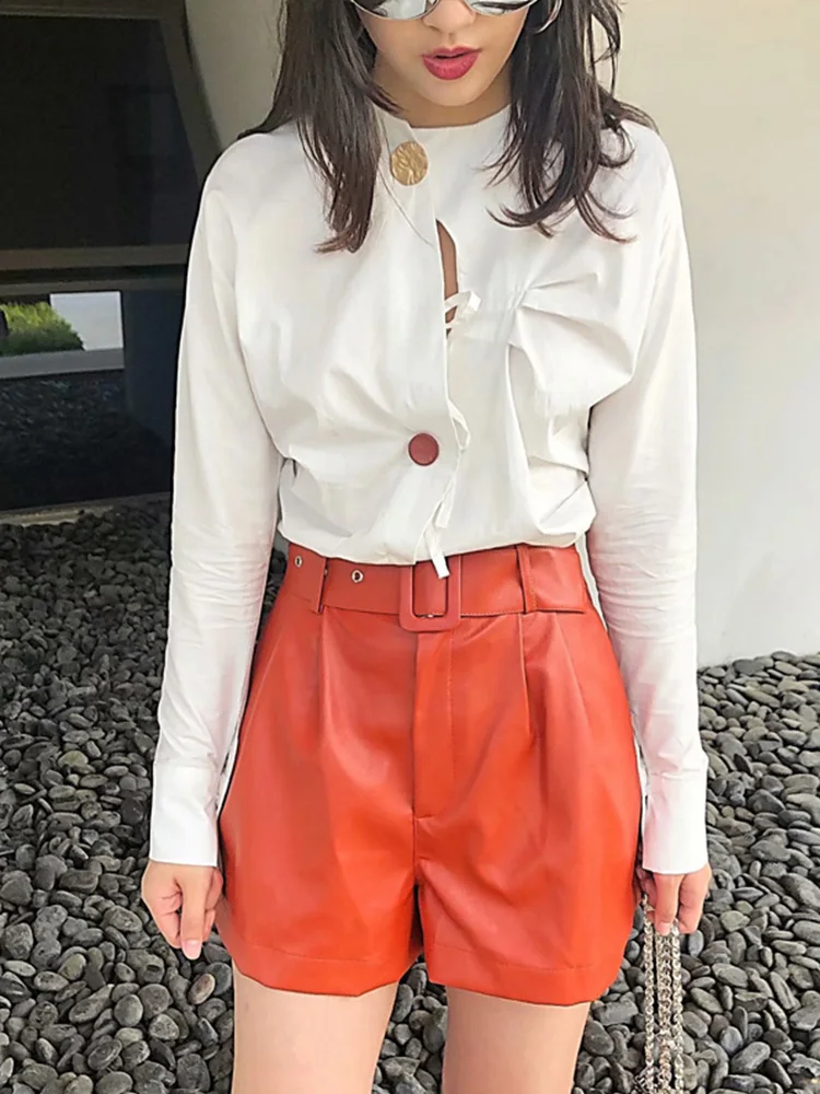 

Women Black Orange Color PU Leather High Waist with Belt Wide Leg Faux Leather Shorts High Quality Winter Loose PU Shorts