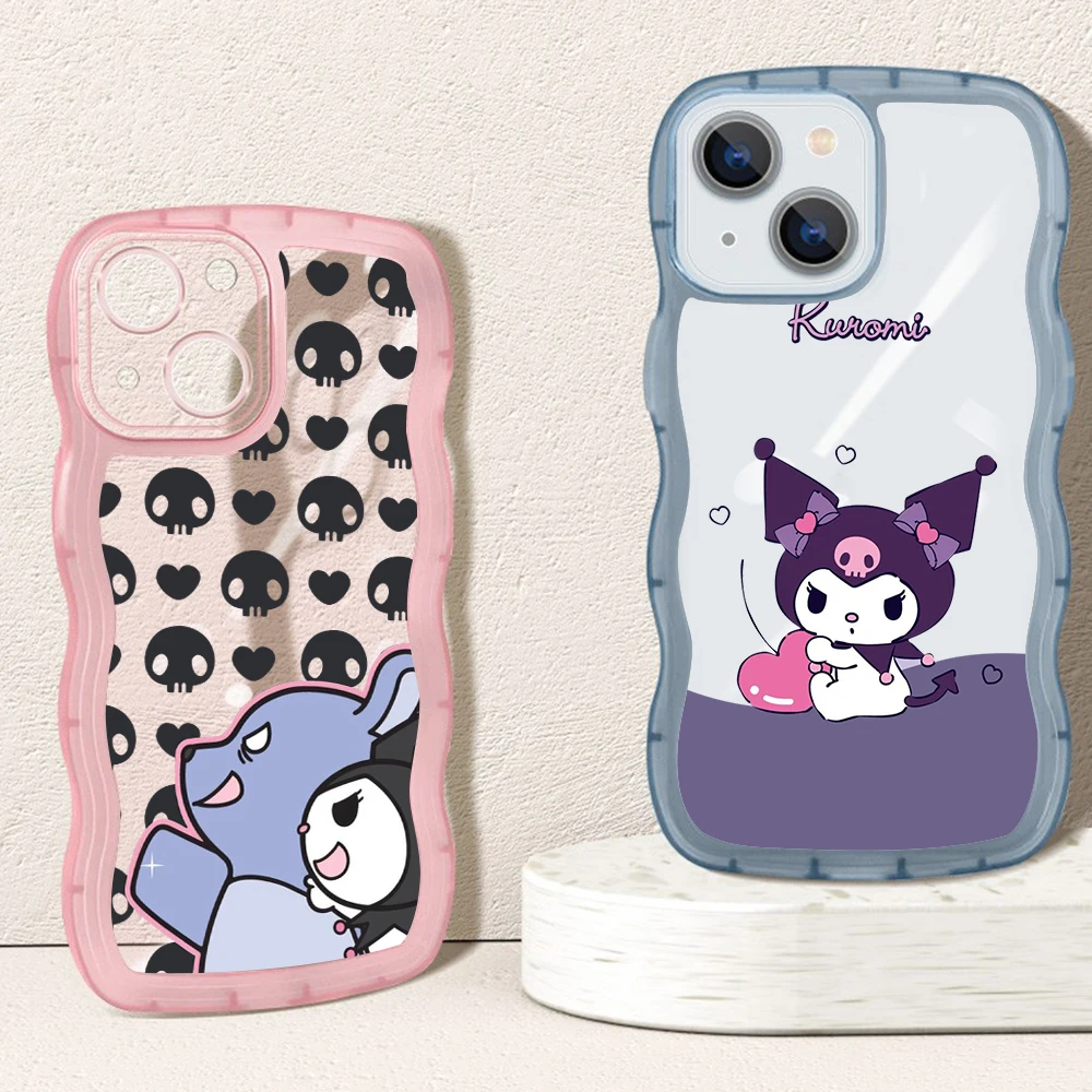 

Cartoon Sanrio Kuromi Transparent Curly Wave phone Case for iPhone 11 12 13 14 Pro Max 7 8 Plus X XR XS Shockproof Bumper Cover