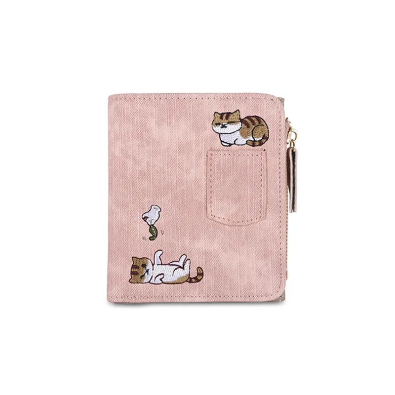 Embroidery Cat Women Short Wallet Zipper Coin Purse Short Women's Wallet Kawaii Mini Cards Holder Clutch for Girl Carteras