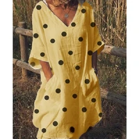 summer dress polka dot print pocket half sleeve v neck loose oversized vintage dress woman blue yellow white clothing robe