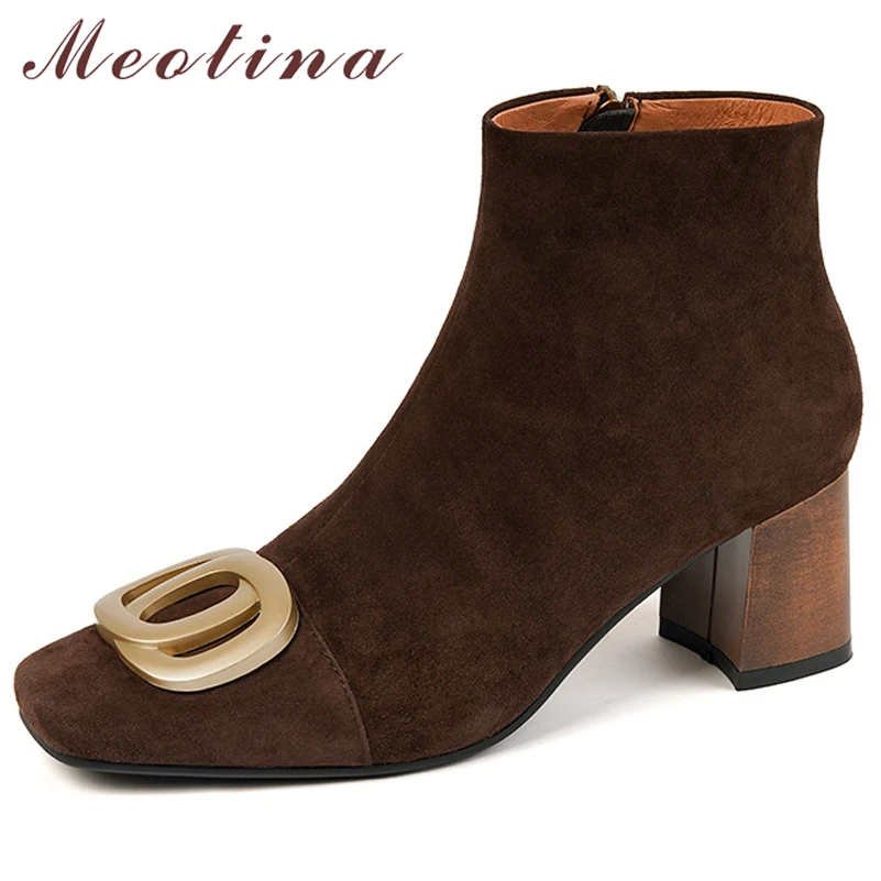 

Женские ботильоны с круглым носком Meotina, полусапожки из натуральной кожи на высоком блочном каблуке, на молнии, с металлическим украшением, осенне-зимняя обувь