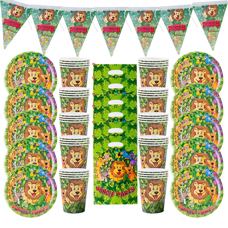 

Disney Lion Jungle Animal Supplies Tableware Birthday Party Decor Kids Boy Jungle Safari Theme Party Decor Green Forest Woodland