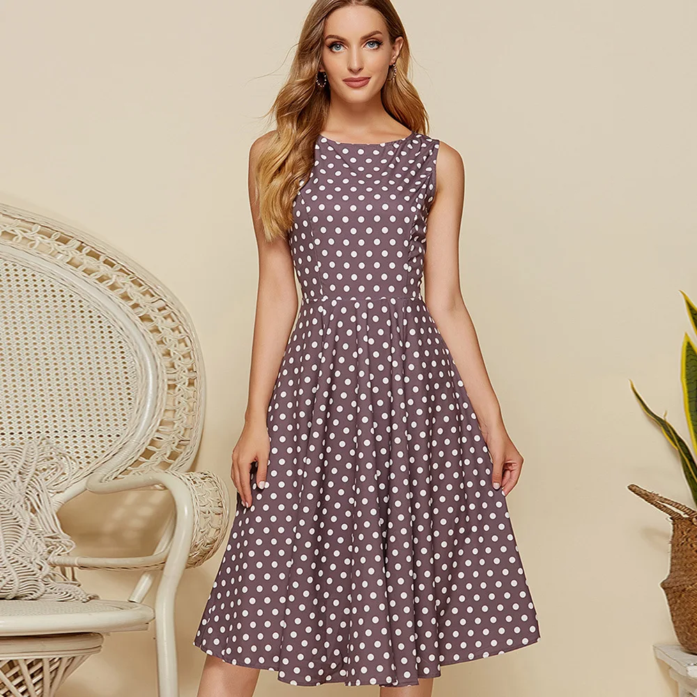 

2022 Women Classy Polka Dots Swing Tunic Midi Dresses Retro Formal Party Sundress Elegant Sleeveless Summer Flare Dress 50s 60s
