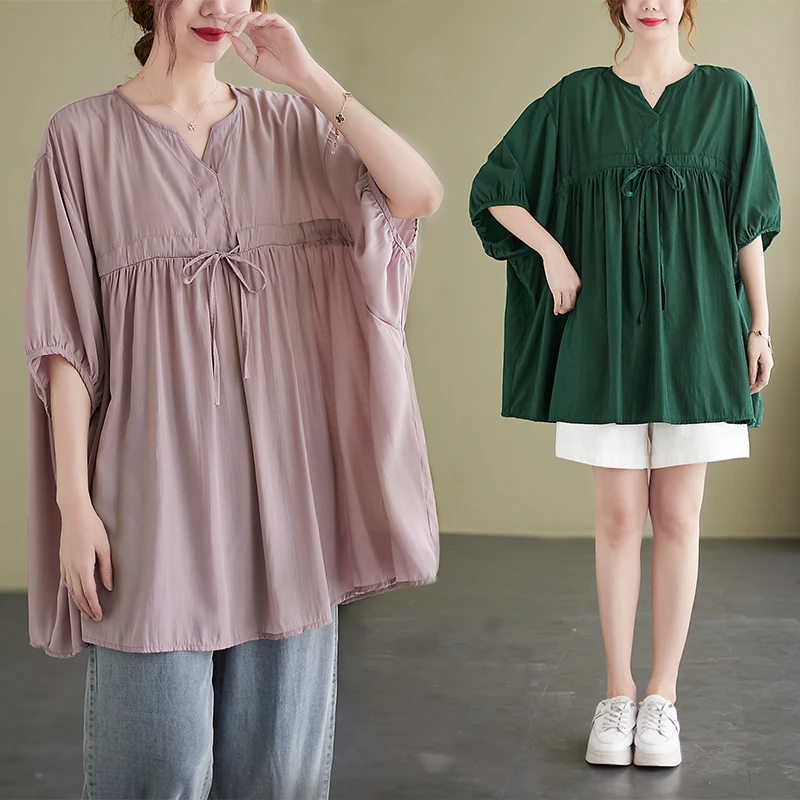 

Новинка лета 2022, литературная шифоновая Свободная рубашка с V-образным вырезом, повседневный топ с Кулиской