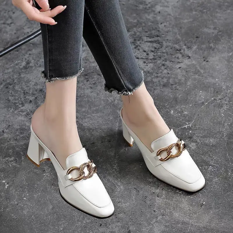 

Female Shoes Cover Toe Womens Slippers Outdoor Slides High Heeled Mules Fashion 2022 Soft Flat High Luxury PU Rubber Buckle