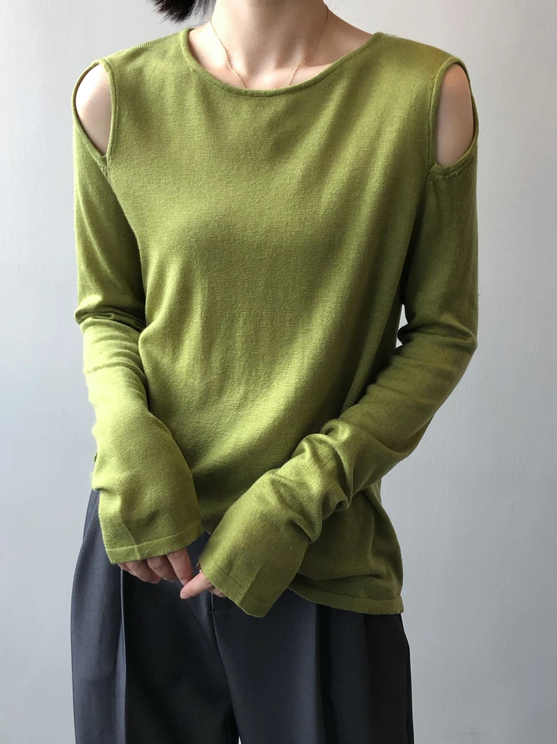 

Spring Autumn Fashion Sweet Slim Plain Off The Shoulder Long Sleeve Knitted Pullover T-shirts Women OL Ladies Chic Knitwear
