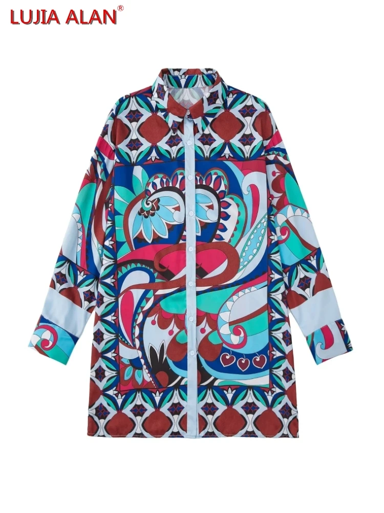 

Рубашка женская с отложным воротником, винтажная Свободная блузка с длинным рукавом, с принтом, уличная одежда, LUJIA ALAN B755
