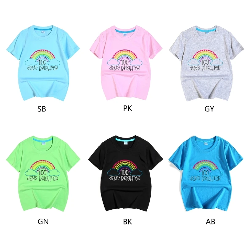 

Short-sleeved T-shirt 100 Days Brighter Rainbow Tee-Shirt Round Neck Short Top Clothing for 2-10 Years Boy Girl