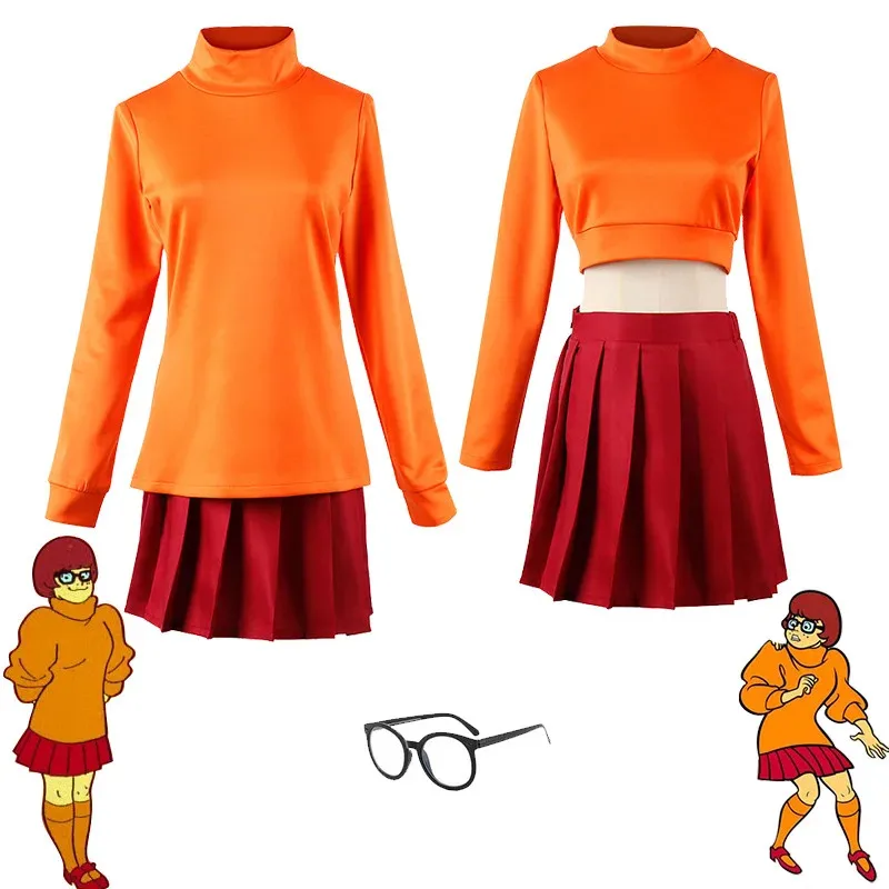 Фото Аниме Velma, униформа для косплея, костюм Laranja Jupe Courte, женская оранжевая верхняя юбка Kausaki Festa De Halloween Carnaval Conj №2