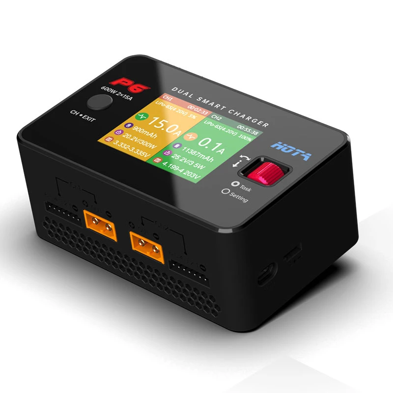 

HOTA P6 DC 600W 15AX2 DC Двухканальное умное зарядное устройство с мобильной зарядкой для Lipo LiIon NiMH аккумулятора