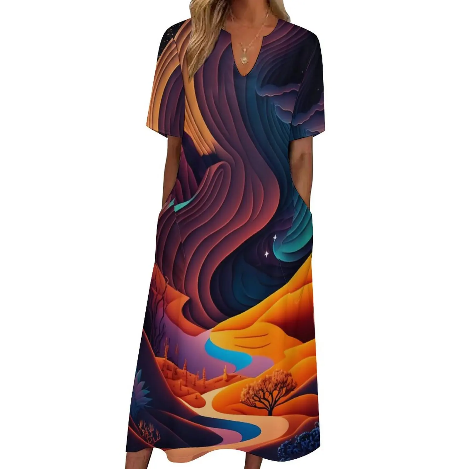 

Desert At Night Dress Abstract Nature Elegant Maxi Dress Short Sleeve Design Bohemia Long Dresses Aesthetic Oversize Clothes