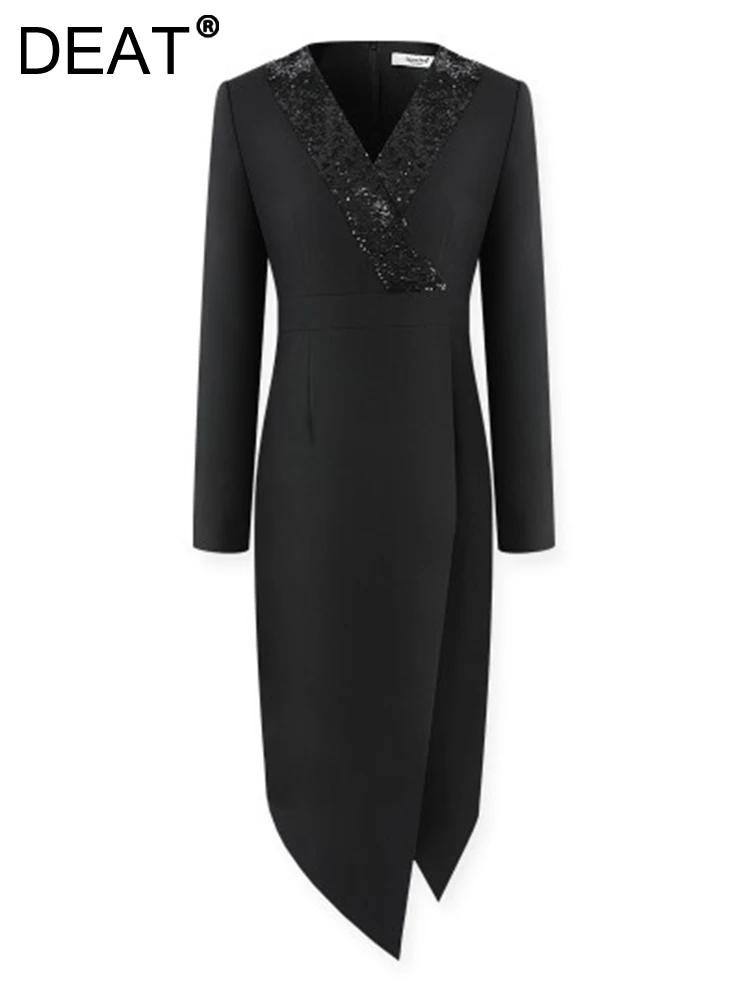 

DEAT Fashion Women's Dress Slim V-neck Full Sleeve Waist A-line Asymmetric Knee-length Evening Dresses Autumn 2023 New 17A9677