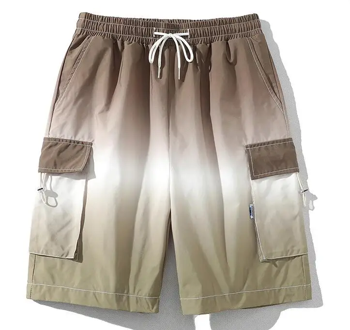 Loose Overalls Gradient Color Multi-Pocket Shorts Men Gradual Color  Shorts Summer High Street Retro Loose Knee Length Shorts