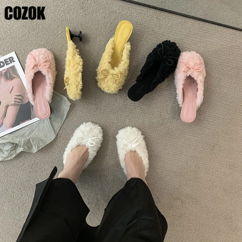 

Дизайнерские женские шлепанцы, современные зимние теплые шерстяные шлепанцы для улицы, дамские шикарные модные женские классические домашние туфли с бантом, новинка 2023