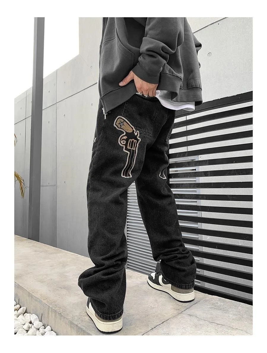 2022 New American West Coast Street Hip Hop Embroidery Pistol Leisure Jeans Men And Women Loose Straight High Wais Long Pants