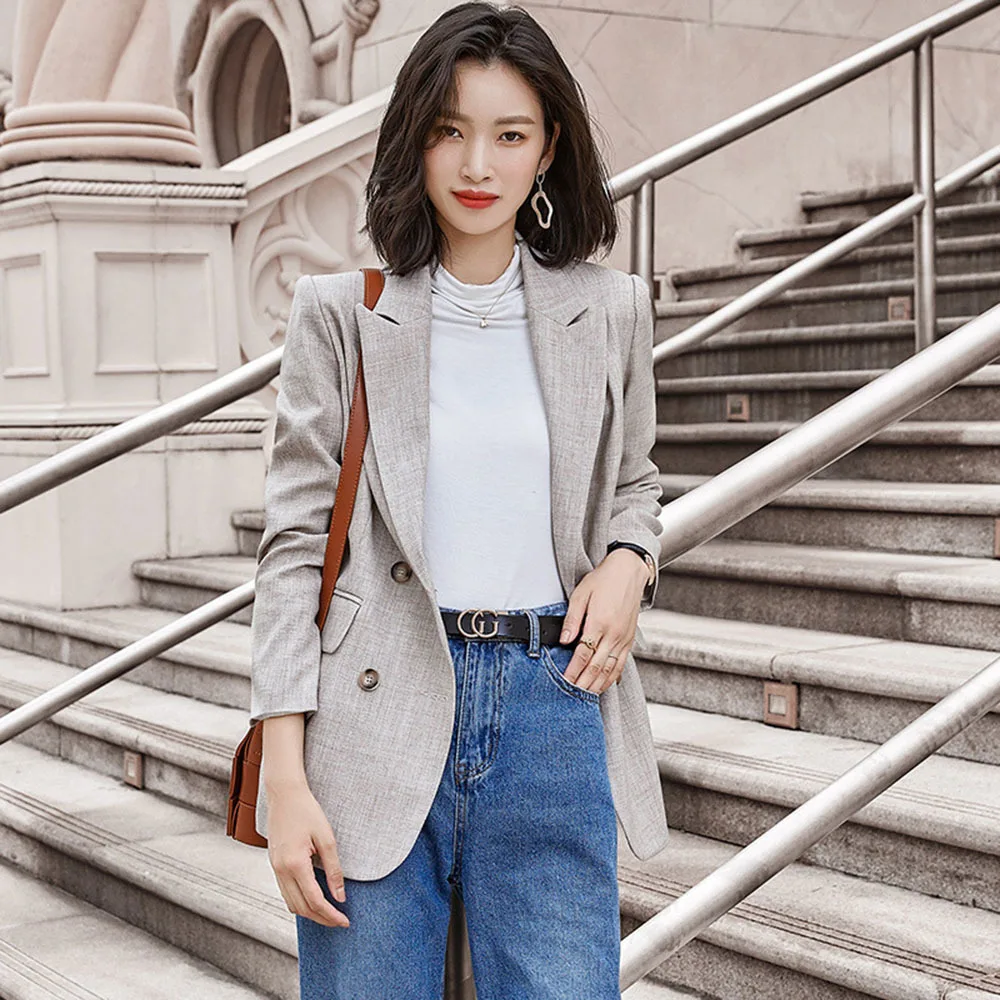 Женский Повседневный деловой пиджак серый однотонный блейзер в британском стиле