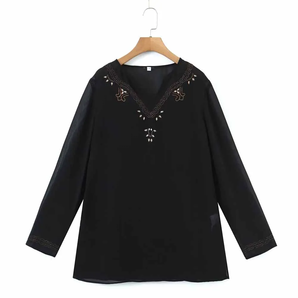 

TRAF WOMEN 2022 New Two-piece Set Embroidered Shirt Design Temperament Long-sleeved Female Fashion Casual Blouse Mujer