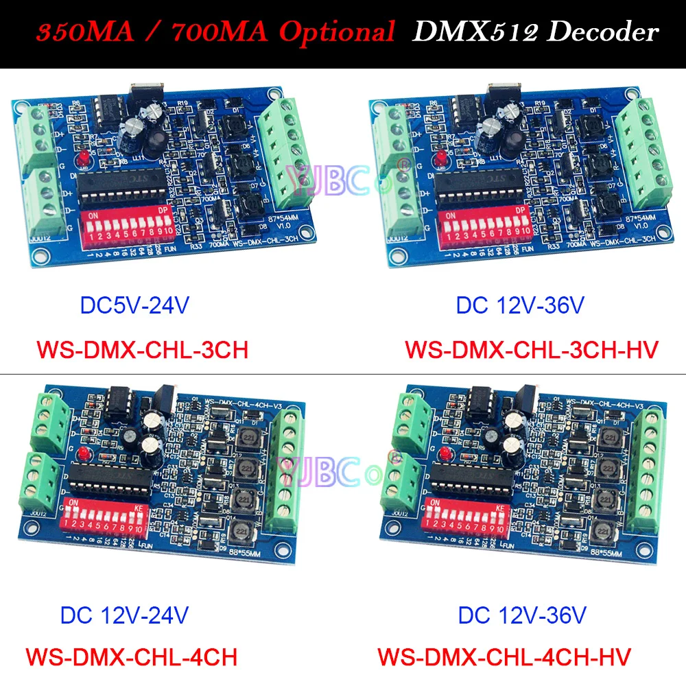 5V 12V 24V 36V Constant Current 3CH 4CH DMX512 decoder 350MA/700MA DMX Dimmer RGB RGBW LED Controller For LED Light,Strip,Lamp