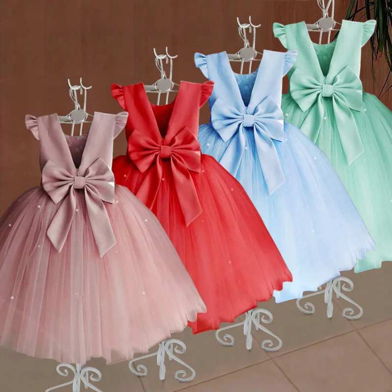 

Summer Sweet Clothing For Girls Solid Color Mesh Backless Bow Baby Dresses Cute Baby Girl Clothes Princess Puffy Skirt 12M-5Y