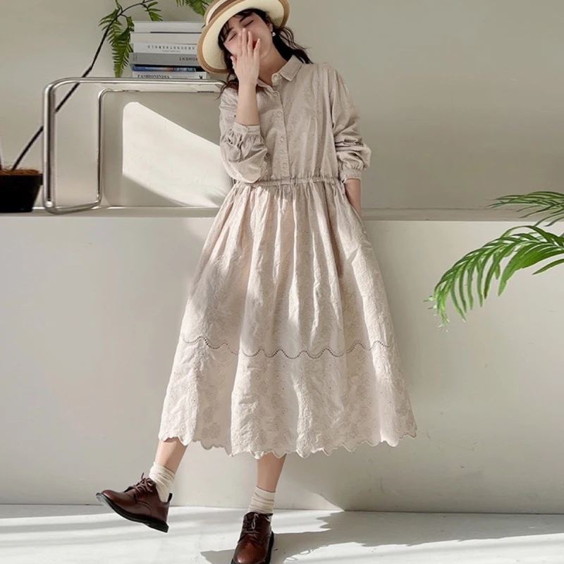 

Johnature Japanese Women Dress 2023 Spring New Mori Cotton Elastic Waist Hollow Out Loose Simple Turn-down Collar Female Dresses