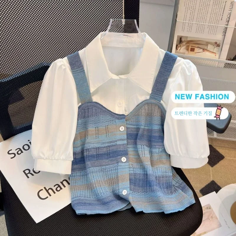 Новинка лета усовершенствованная имитация двух частей Вязаные Рубашки на