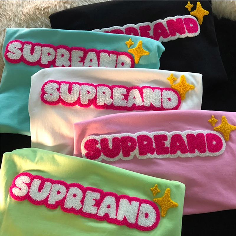 

Cotton Short Sleeve T-shirt Women's Towel Embroidered Shirts Letter Flocking Harajuku Y2k Shirt Round Neck Loose Fashion Tops