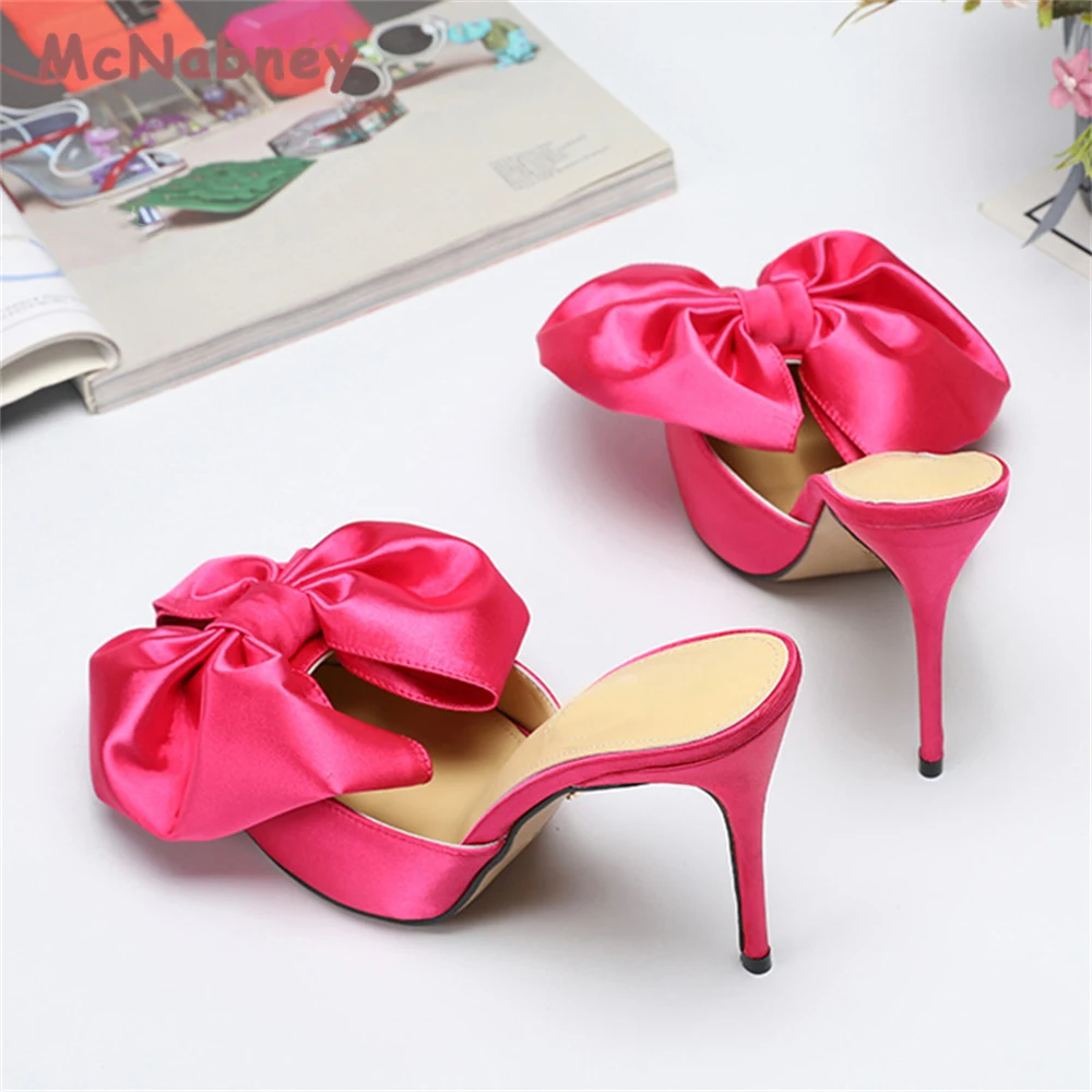 Women Summer New Pointed Toe Bow-Knot Slippers Fashion Thin High Heels Sandals Female Sexy Casual Outdoor Slides Shoes