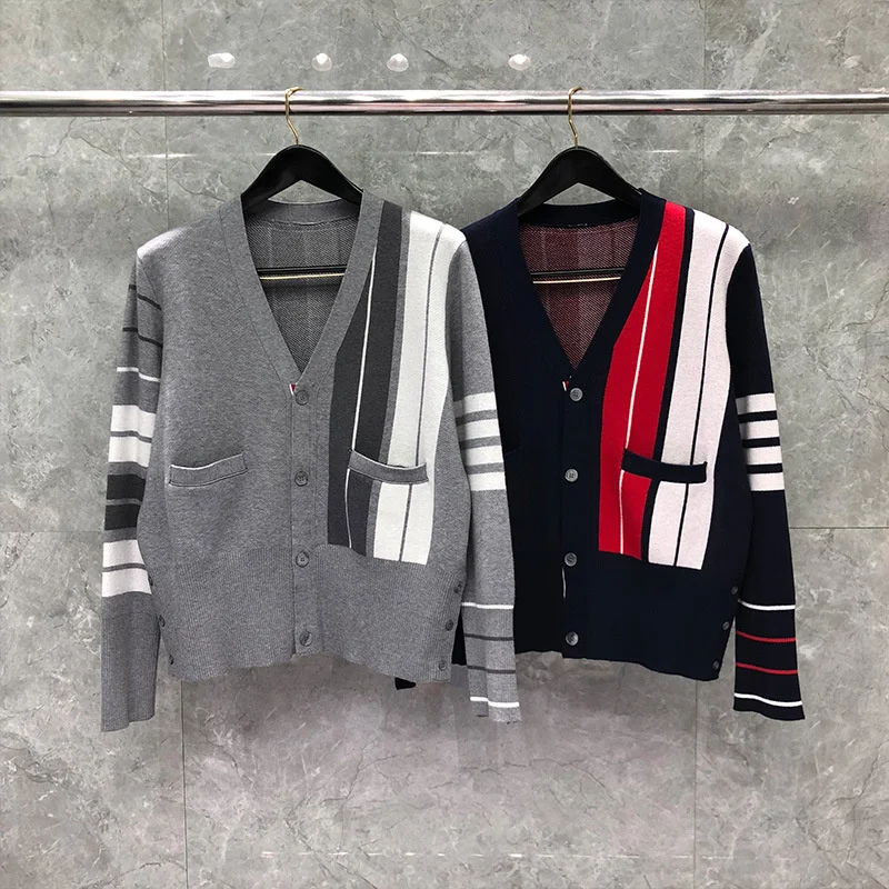 

Brand Fashion TB THOM Sweaters Men Women Slim V-Neck Cardigans Clothing Patchwork Striped Wool Spring Autumn Casual Coat
