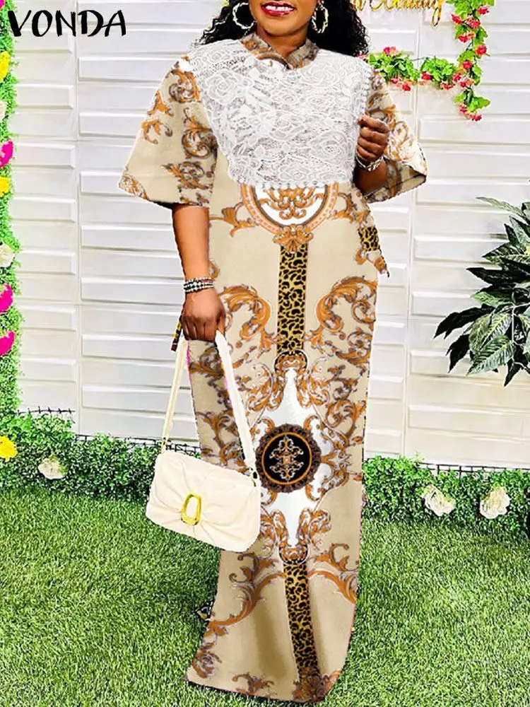 

Летний богемный Длинный Сарафан VONDA 2023, женское платье с принтом, кружевное лоскутное элегантное женское платье, повседневное Свободное пла...