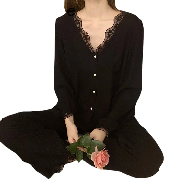 Black Lace Pajamas Spring and Autumn Women's Long Sleeve Pure Cotton Thin V-neck Home Clothes 2022 New Suit Casual