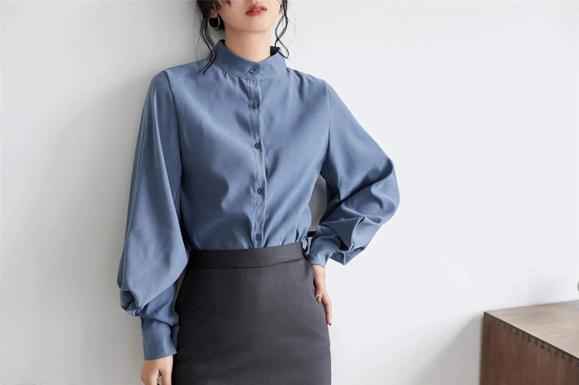 2022 Spring And Autumn Lantern Sleeve Stand Collar White Shirt Women's Korean Style Loose Fit Puff Casual Top |