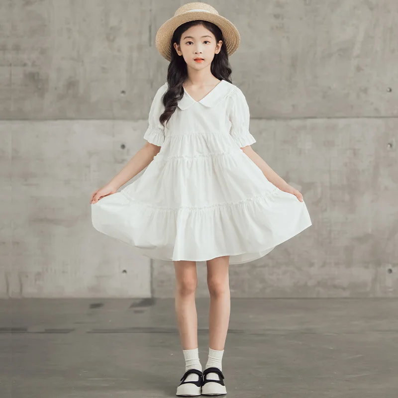 

Girls Elegant Dress 2022 Summer New Kids Cotton Waist-Tight Cake Dress Children Cotton Casual Clothes A004
