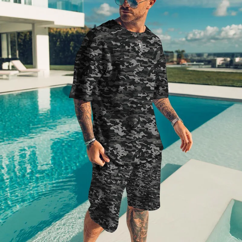 New 3D Printed Men's Suit Sportswear Summer Men Tracksuit Oversized Outdoor Breathable T-shirt Set Camouflage Short-sleeved
